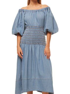 MISA Los Angeles Denim Blue Off-Shoulder Dress